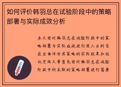 如何评价韩羽总在试验阶段中的策略部署与实际成效分析
